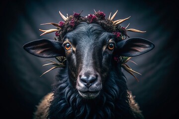 Moody and atmospheric portrait of a black sheep's head with a crown of thorns, surrounded by dark flowers and mysterious shadows