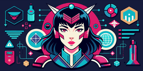 Cyberpunk grid icon element set, vector abstract retro y2k shapes kit, Japanese sci-fi girl face. Retro futuristic design forms, modern cyber geometric acid symbols. Technology groovy cyberpunk shapes