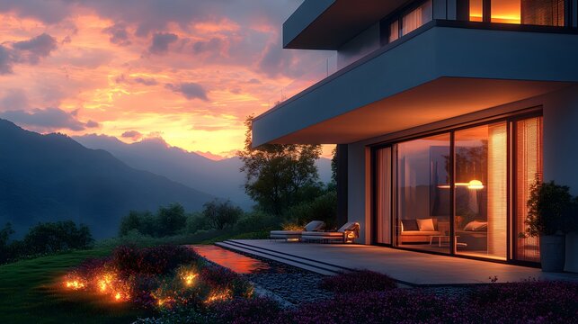Smart Home at Sunset: A horizontal 16:9 view of a smart home at sunset, with smart lights automatically turning on, blinds lowering, and security systems activating.