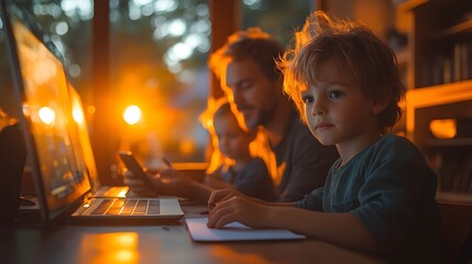 Smart Home Family Life: A 16:9 wide shot of a family in a smart home, with kids using smart devices for homework, parents controlling lighting and music, and everyone connected through the smart