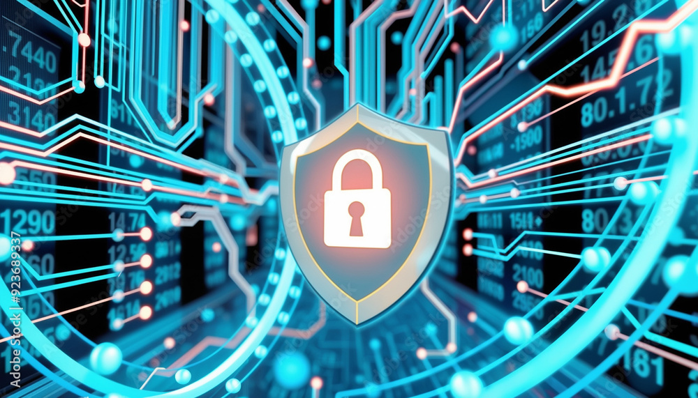 Poster shield with a padlock on top of it, surrounded by digital numbers and lines. it is an animated image