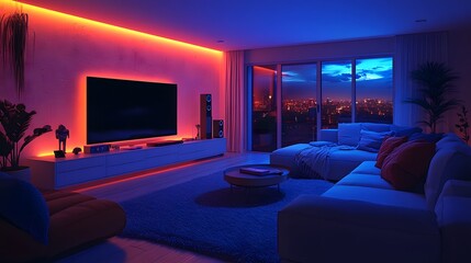 Smart Home Entertainment Scene: A 16:9 image of a living room set up for an entertainment evening, with dimmed smart lights, a large smart TV, and surround sound.