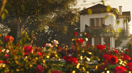 A white house with red roses in the foreground, bathed in warm sunlight.