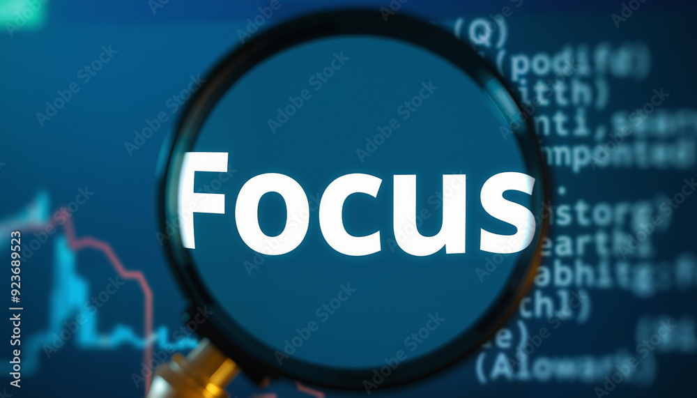Poster magnifying focus: a magnifying glass hovering over the word focus on a computer screen, with visible