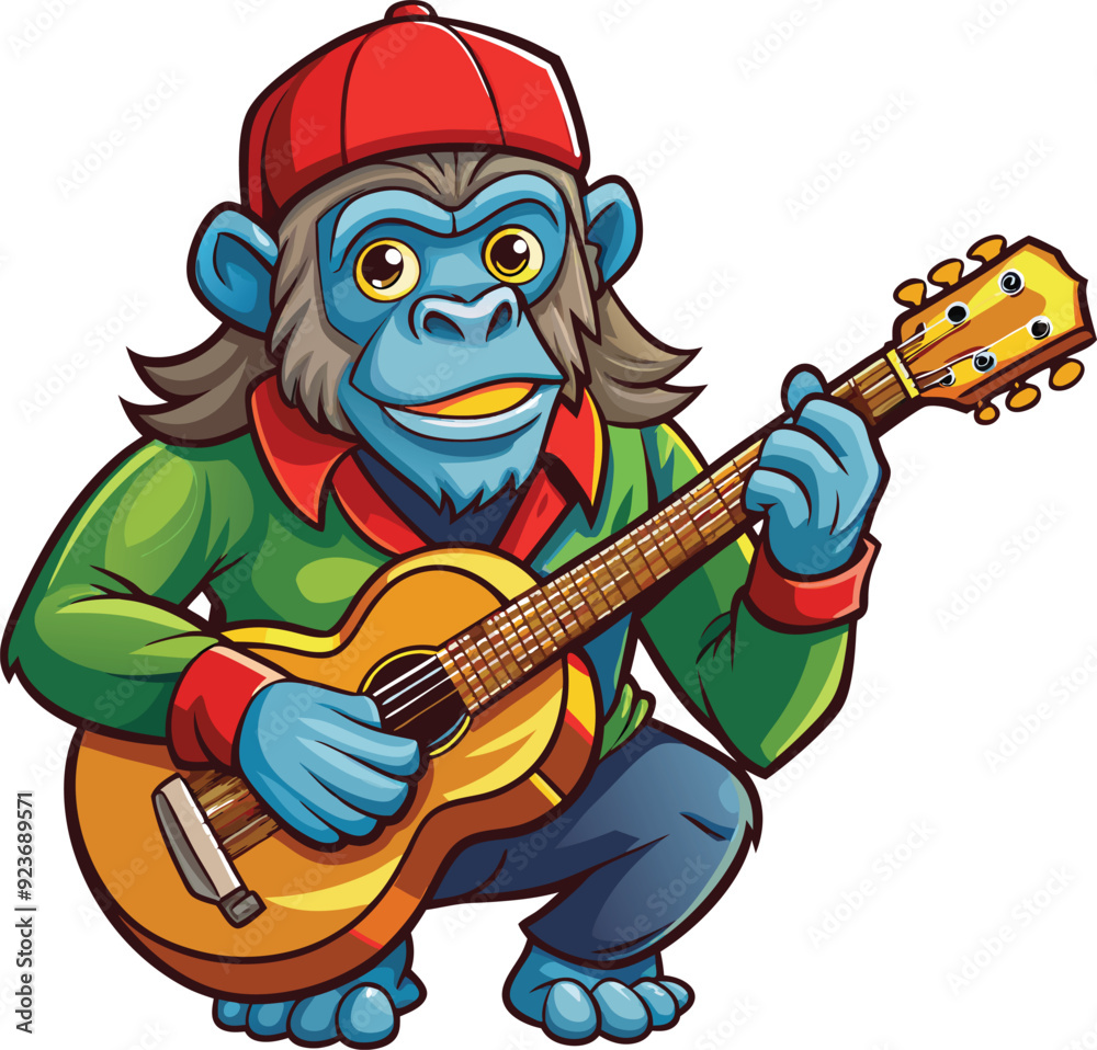 Sticker a gorilla playing a guitar cartoon illustration