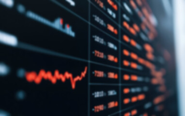 Naklejka premium Blurred financial dashboard with red and black graph showing market trends and data points. Suitable for financial analysis, stock market reports, business presentations.