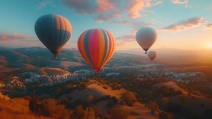 Naklejka premium Hot air balloons in pastel colors of pink, blue, yellow, and green, floating gracefully over a picturesque landscape on a calm, sunny day. Wide-angle shot, hd quality, natural look. --ar 16:9 --v 6.0