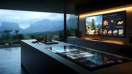Fototapeta premium Smart Kitchen with Recipe Assistance: A 16:9 view of a smart kitchen with a touchscreen display on the counter, providing step-by-step cooking instructions and controlling appliances.