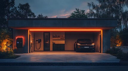 Automated Garage: A horizontal 16:9 image of a smart garage with an automated door, electric vehicle charger, and smart storage solutions, all controllable via an app.