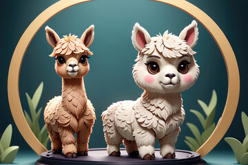 Cute Handcrafted Llama Figurines Displayed on a Stand Surrounded by Greenery During Daytime