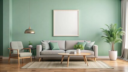 Mockup of poster frame in modern living room with sofa and table on mint wall background