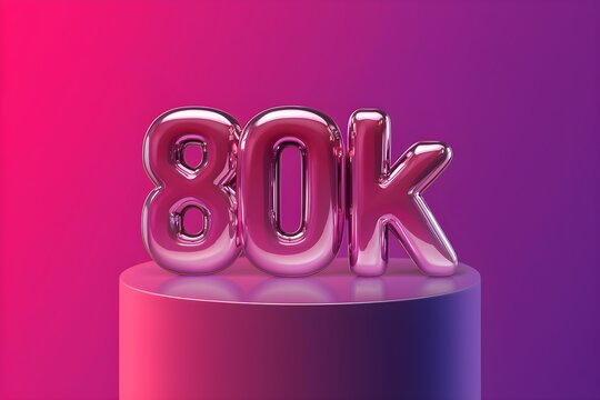 Neon 80k graphic in 3D metallic style on gradient pink to purple background.