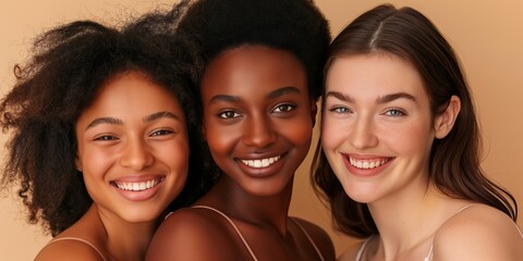 Obraz premium Three women with different hair colors and styles are smiling for the camera. Concept of happiness and positivity, as the women are all smiling and looking at the camera