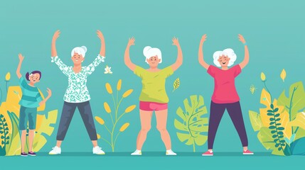 Elderly wellness program, senior exercises, flat design illustration