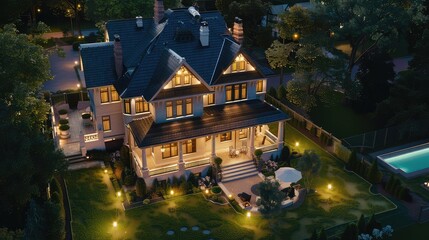 An aerial view of a large, luxurious house with a pool and a well-lit garden.  The home is surrounded by trees and is lit up at night.