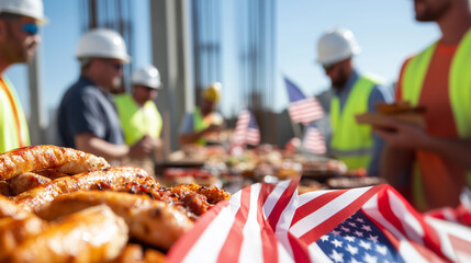 Labor Day celebration at a construction site: Workers in hard hats and safety vests are gathered around a table with barbecue food, American flags are draped around, and the scene