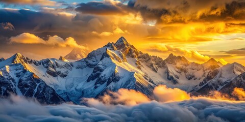 Obraz premium Sunrise over snowy mountain peaks with golden light filtering through the clouds, mountains, sunrise, golden light, snow, peaks