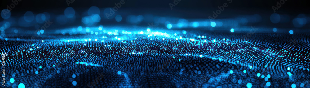 Poster abstract digital wave of glowing particles, futuristic technology background with depth of field eff