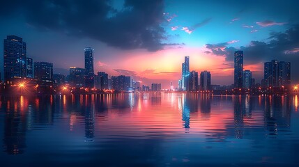 Obraz premium Modern city skyline at dusk, bathed in pastel peach, lavender, and light blue. The serene river reflects the cityscape, enhancing the peaceful atmosphere. Wide-angle shot, hd quality, natural look.