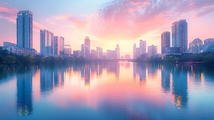 Naklejka premium Modern city skyline at dusk, featuring pastel hues of peach, lavender, and light blue. The tranquil river below reflects the serene cityscape. Wide-angle shot, hd quality, natural look.