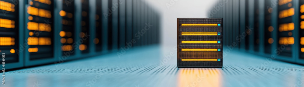Poster modern server rack in a data center, symbolizing advanced digital storage and cloud computing techno