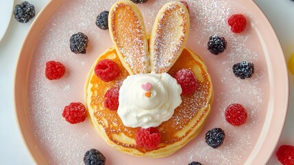 Obraz premium Delightful Rabbit-Shaped Pancake Breakfast with Fresh Berries and Whipped Cream