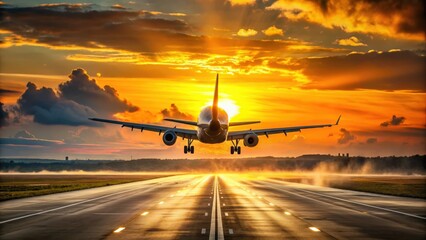 Airplane gracefully touching down on runway during golden sunset , Aviation, transportation, travel, evening, runway, landing