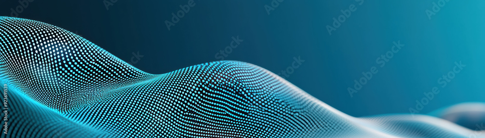 Poster abstract digital wave of glowing dots over a teal gradient background, representing data flow and te