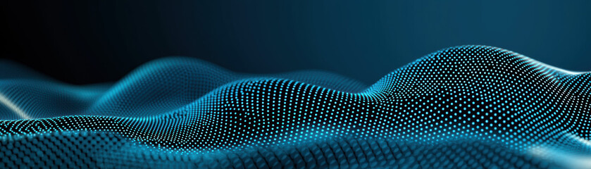 Abstract digital landscape with glowing blue dots creating a wavy grid pattern on a dark background. Futuristic technology concept.