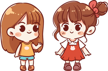 Two cute girls stood together, one raising her hand, animatedly explaining something