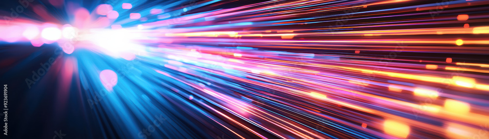 Poster vivid abstract background of colorful neon light trails creating dynamic motion, representing fast t