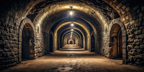 Fototapeta premium Dark underground catacomb tunnel with arched structure , catacombs, tunnel, underground, dark, passage, arch, structure, ancient