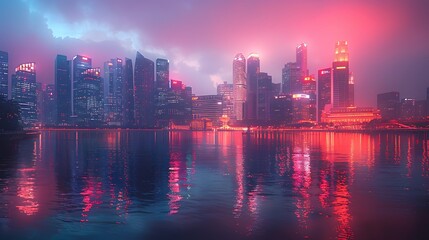 Fototapeta premium Pastel cityscape at dusk featuring a modern skyline with buildings glowing in soft peach, lavender, and light blue. A tranquil river reflects the pastel hues and lights. Wide-angle shot, hd quality,
