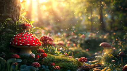 A fantastical, enchanting fairy meadow featuring mushrooms and a snail, set in a magical, fairytale forest. This elegant and artistic depiction highlights the beauty of nature in a mysterious natural 