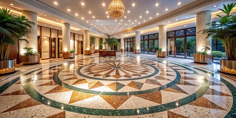 Opulent Terrazzo Oasis: Geometric patterns, polished terrazzo, opulent ambiance, warm hues, luxurious elegance