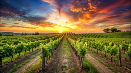 Fototapeta premium Vineyard at sunset with rows of green vines and a colorful sky in the background, vineyard, sunset, rows, vines
