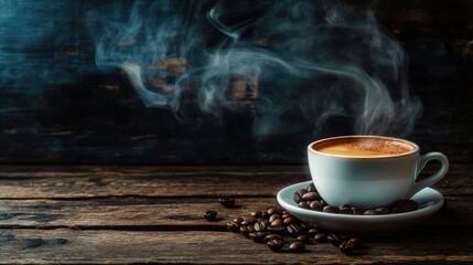 Fototapeta premium Cup of coffee with smoke and coffee beans on old wooden background Generative