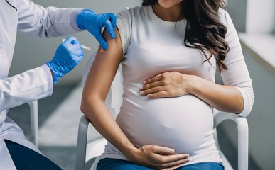 Pregnant woman in white top with visible belly, clinic setting, vaccine administered.