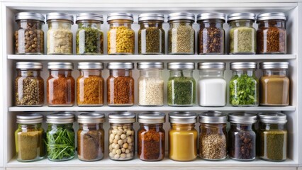 Organized kitchen spice drawer filled with neatly arranged jars of herbs and spices, with labels facing forward, against a clean white background.