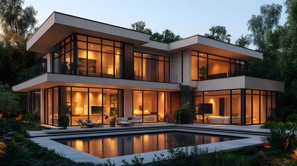 Obraz premium Smart Home Exterior at Night: A 16:9 nighttime view of a modern smart home, illuminated by smart outdoor lighting, with security features like cameras and motion sensors.