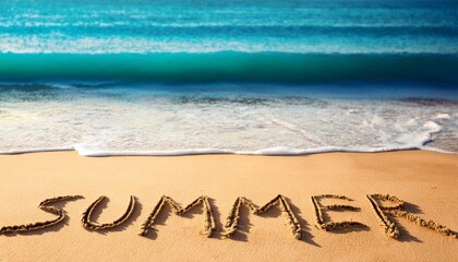 Fototapeta premium AI Generated image of SUMMER lettering on the beach with wave and clear blue sea. in golden sand on clean beach background. Gratitude concept. Copy space.