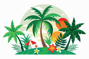 Tropical island with palm trees, beach, ocean, and sunset illustration