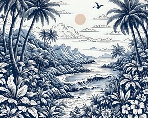 Blue and white illustration of a tropical beach scene with palm trees, waves, and mountains.
