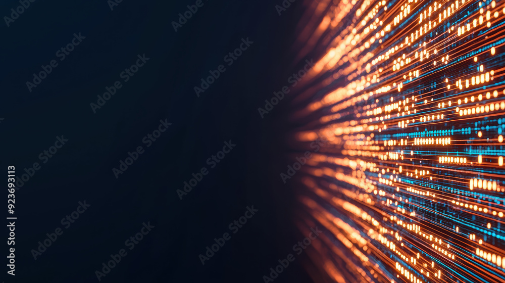 Poster abstract background with glowing orange and blue lines representing data flow and high-speed interne