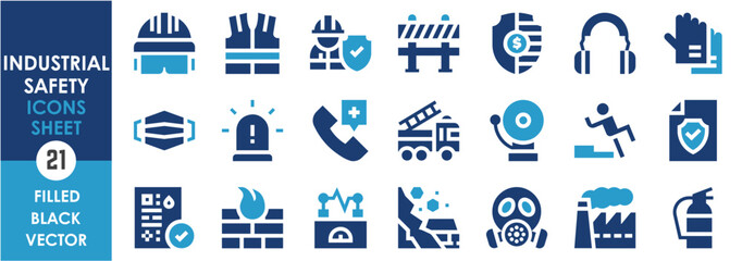 A set of solid icons related to Industrial Safety. Safe, safety, alarm, emergency, health, gears, helmet, construction, chemical, fire, and so on. Vector filled icons set.