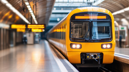 Modern yellow train at a sleek station platform, waiting for passengers in an urban transportation setting, under bright lights. - Powered by Adobe