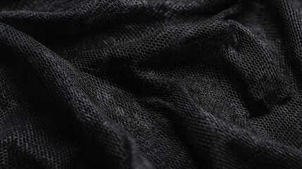 Fototapeta premium A detailed close-up view of black mesh fabric, showcasing its complex weaving pattern and texture, which creates a sense of depth and intricacy in the material.