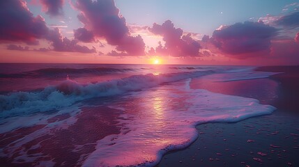 Fototapeta premium Pastel-colored beach sunset with soft pink, orange, and purple hues in the sky. Gentle waves reflecting the serene sunset colors, creating a calm atmosphere. Wide-angle shot, hd quality, natural look.