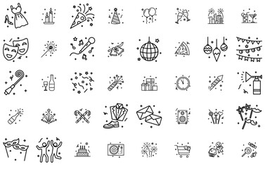Set Of Linear Happy New Year Icons Silhouette Vector Logo Design Containing Party,Festival,New-Year,Happy-New-Year,Celebration Outline Icons Collection. Simple Vector Illustration