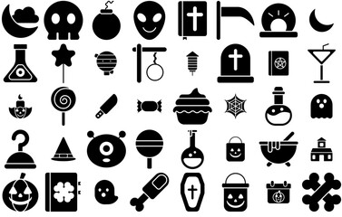 A Collection Of Halloween Isolated Silhouette Solid Icons With Spooky,Horror,Decoration,Scary,Halloween Vector Icon Set Linear Pictogram Pack